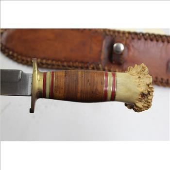 Fixed Blade Bone Handle Knife And Sheath (Unknown Model)