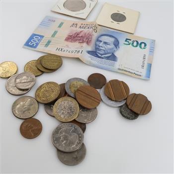 Foreign And U.S. Currency With Tokens, 20+ Pieces