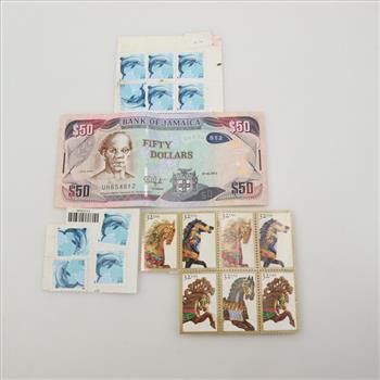 Foreign Currency And US Stamps; 15+ Pieces