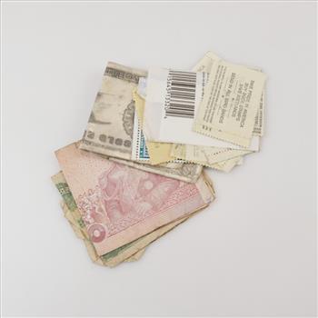 Foreign Currency And US Stamps; 18+ Pieces