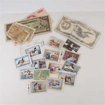 Foreign Currency And US Stamps; 18+ Pieces