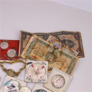 Foreign Currency, Tokens And Watch, 11 Pieces