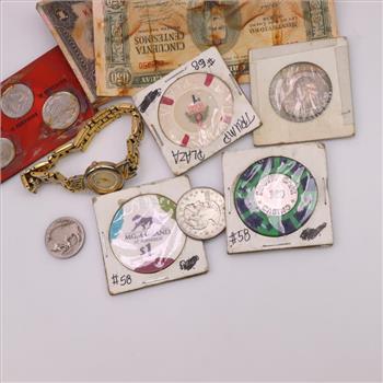 Foreign Currency, Tokens And Watch, 11 Pieces