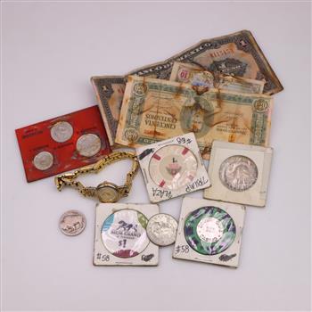Foreign Currency, Tokens And Watch, 11 Pieces