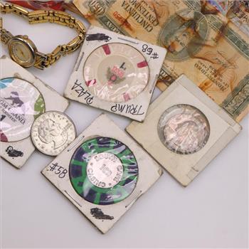 Foreign Currency, Tokens And Watch, 11 Pieces
