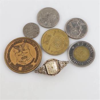 Foreign, US Currency Token And Silver Tip Lady Alton Watch