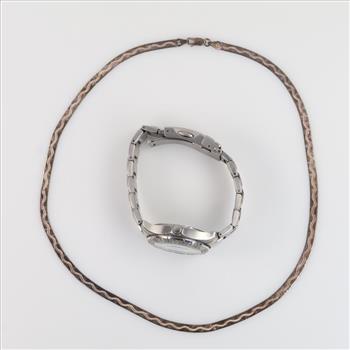 Fossil Watch With 0.900 Silver Necklace, 2 Pieces