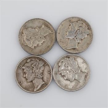 Four 1942 US Mercury Silver Dimes