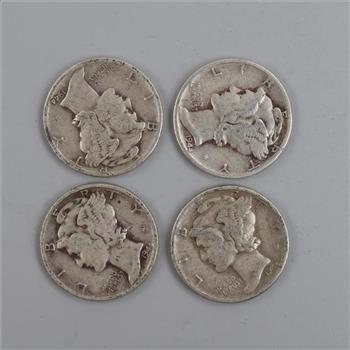 Four 1944 US Mercury Silver Dimes