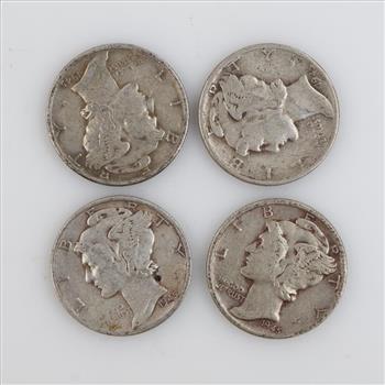 Four 1945 US Mercury Silver Dimes