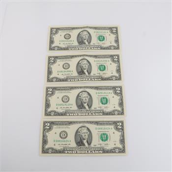 Four 2009 US Federal Reserve Note 2 Dollar Bills