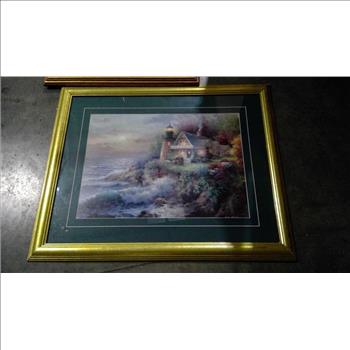 Framed Paintings - Brick Lighthouse And Cabin Flowers In Vase 2 Pieces