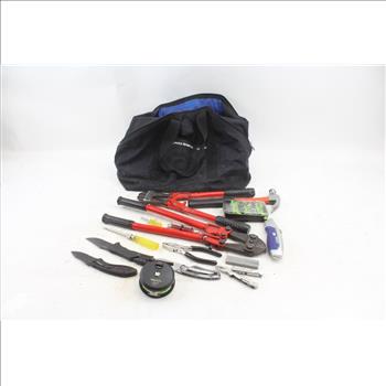 Gerber Folding Knife, Bolt Cutters, Martin Tuffy Reel, And More In Duffel Bag 10+ Pieces