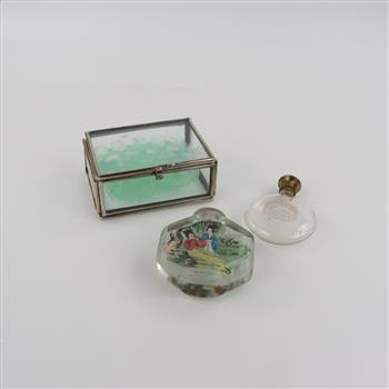 Glass Trinket Box, Snuff Bottle And Pendant, 3 Pieces