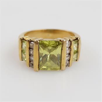 Gold Over Silver Green And Clear Stone Ring
