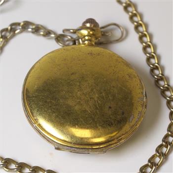 Gold-Tone Wolf Pocket Watch With Chain