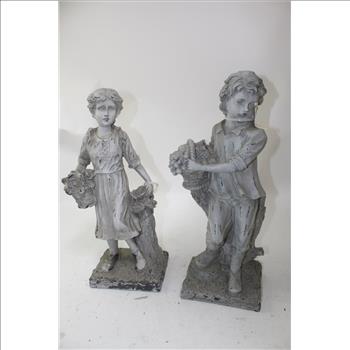 Gray Statues Of Boy & Girl; 2 Pieces