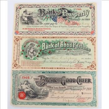 Health, Happiness And Prosperity National Bank Novelty Souvenirs Check, 3 Pieces