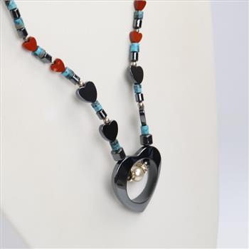 Hematite, Coral, Turquoise Beaded Necklace .900 Silver Clasp