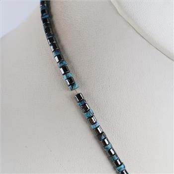 Hematite, Coral, Turquoise Beaded Necklace .900 Silver Clasp