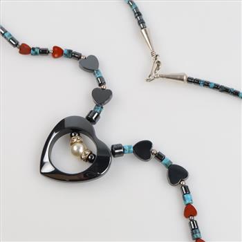 Hematite, Coral, Turquoise Beaded Necklace .900 Silver Clasp