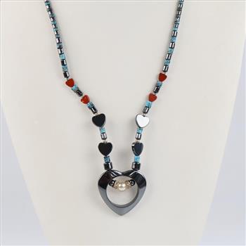 Hematite, Coral, Turquoise Beaded Necklace .900 Silver Clasp