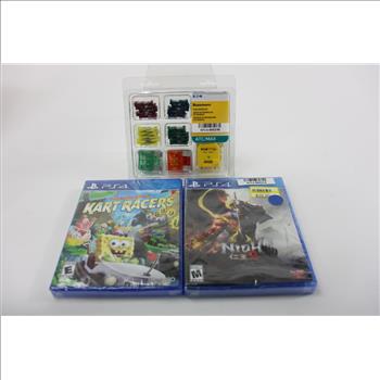 HP Ink Cartridges, PS4 Video Games, Bussmann Fuse Repair Kit And Camera Lens, 7 Pieces