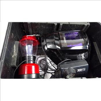 Husky Build-Out Box, Weldcote Welding Mask, Air Compressor, And Lantern, 4 Pieces