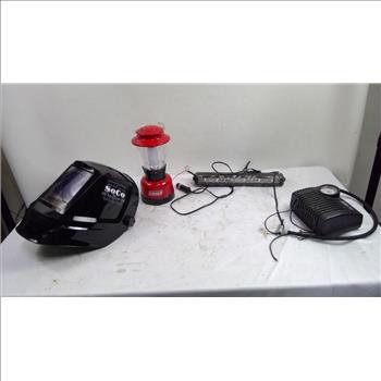 Husky Build-Out Box, Weldcote Welding Mask, Air Compressor, And Lantern, 4 Pieces