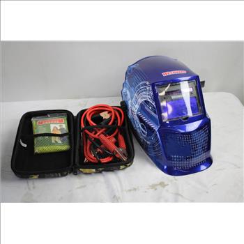 Husky Tool Bag, Welding Helmet, Car Jumper Cables, Green Ratchet Tie Down