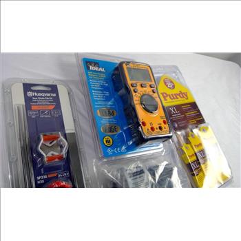 Husqvarna Saw Chain File Kit, IDEAL Multimeter, Purdy Painting Tools, And Hinges