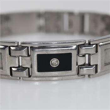 IBG Stainless Steel Men's Diamond And Black Enamel Bracelet