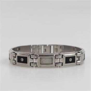 IBG Stainless Steel Men's Diamond And Black Enamel Bracelet