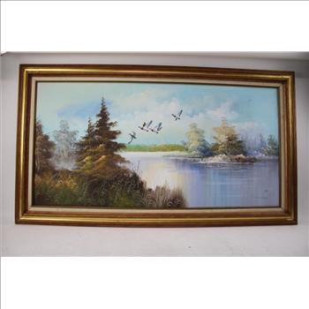 Irby Brown Painting Of A Pond With Flying Ducks