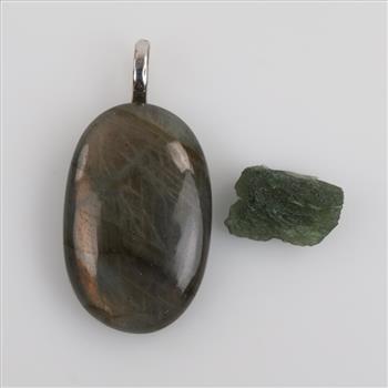 Iridescent Cabochon Pendant And Green Stone, 2 Pieces