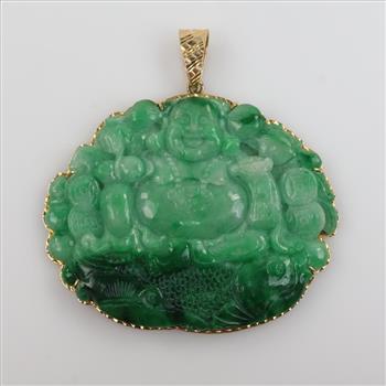 Jadeite Carved Laughing Buddha & Fish, 14kt Gold Bail And Frame
