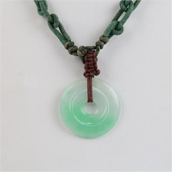 Jadite Jade Green & White Circle Disc Pendant Corded Necklace
