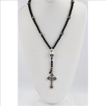 King Baby Sterling Silver And Black Onyx Beads Rosary Necklace