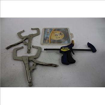 Klein Tools Bag With Bar Clamps, Iriwn Locking C-Clamps, And More
