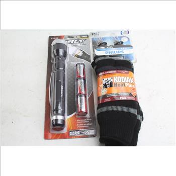 Kodiak Socks, Dorcy Flashlight, Philips Lampbulbs: 3 Items