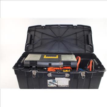 Large Plastic Tote With Assorted Tools & Equipment, 6+ Piece