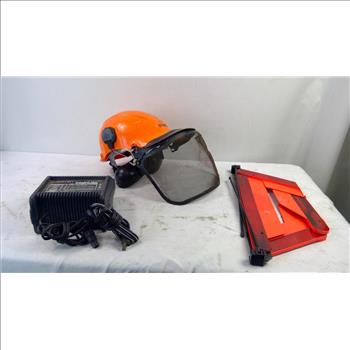 Leisure-Lift's Battery Charger, Stihl Safety Hat, Reflective Warning Sign, 3 Pieces