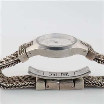 Lois Hill Scroll Face Woven Band Silver Watch
