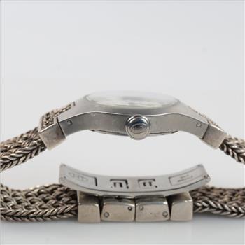 Lois Hill Scroll Face Woven Band Silver Watch