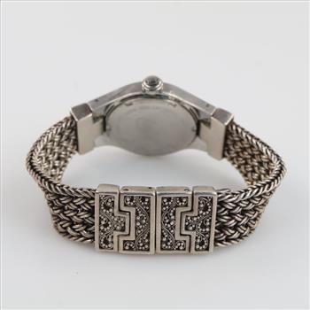 Lois Hill Scroll Face Woven Band Silver Watch