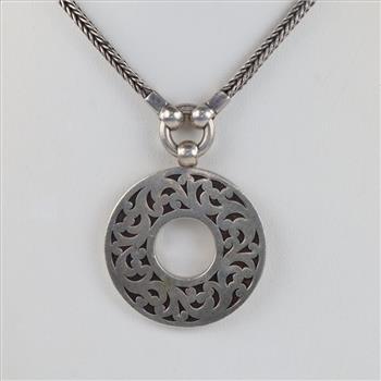 Lois Hill Sterling Silver Circle Pendant Wheat Chain Necklace