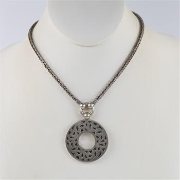 Lois Hill Sterling Silver Circle Pendant Wheat Chain Necklace