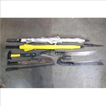 Machetes, Knives, Estwing Blacksmith's Hammer, Pry Bar, And More, 10 Pieces