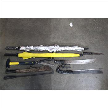 Machetes, Knives, Estwing Blacksmith's Hammer, Pry Bar, And More, 10 Pieces