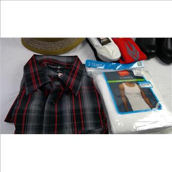 Men's Hanes XL Tanks, Plaid XL Shirt, Women's Size 7 Boots, Hat, And Socks, 6 Pieces
